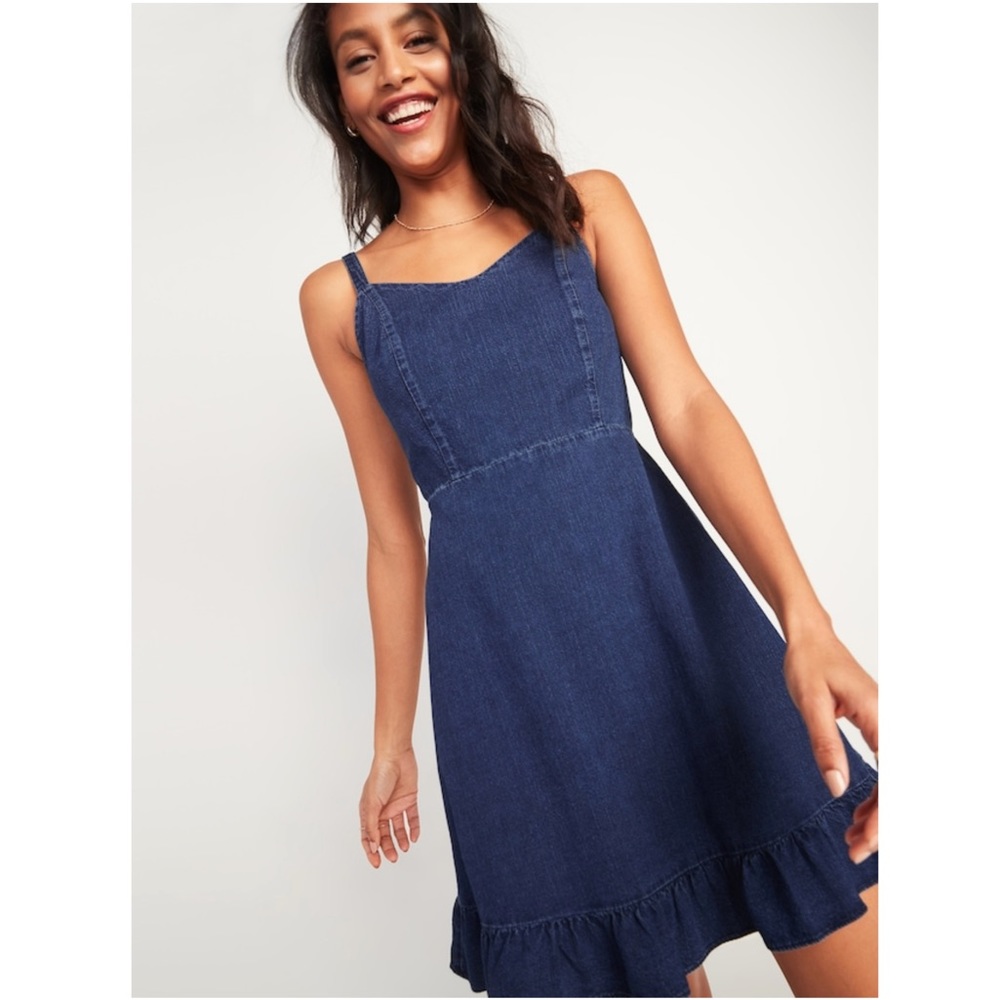 Fit & Flare Cami Ruffle-Hem Jean Dress NWT